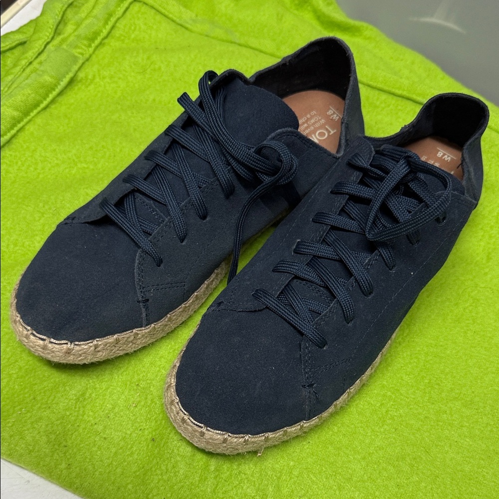 Toms Black Suede Lace-Up Sneakers with Espadrille Trim